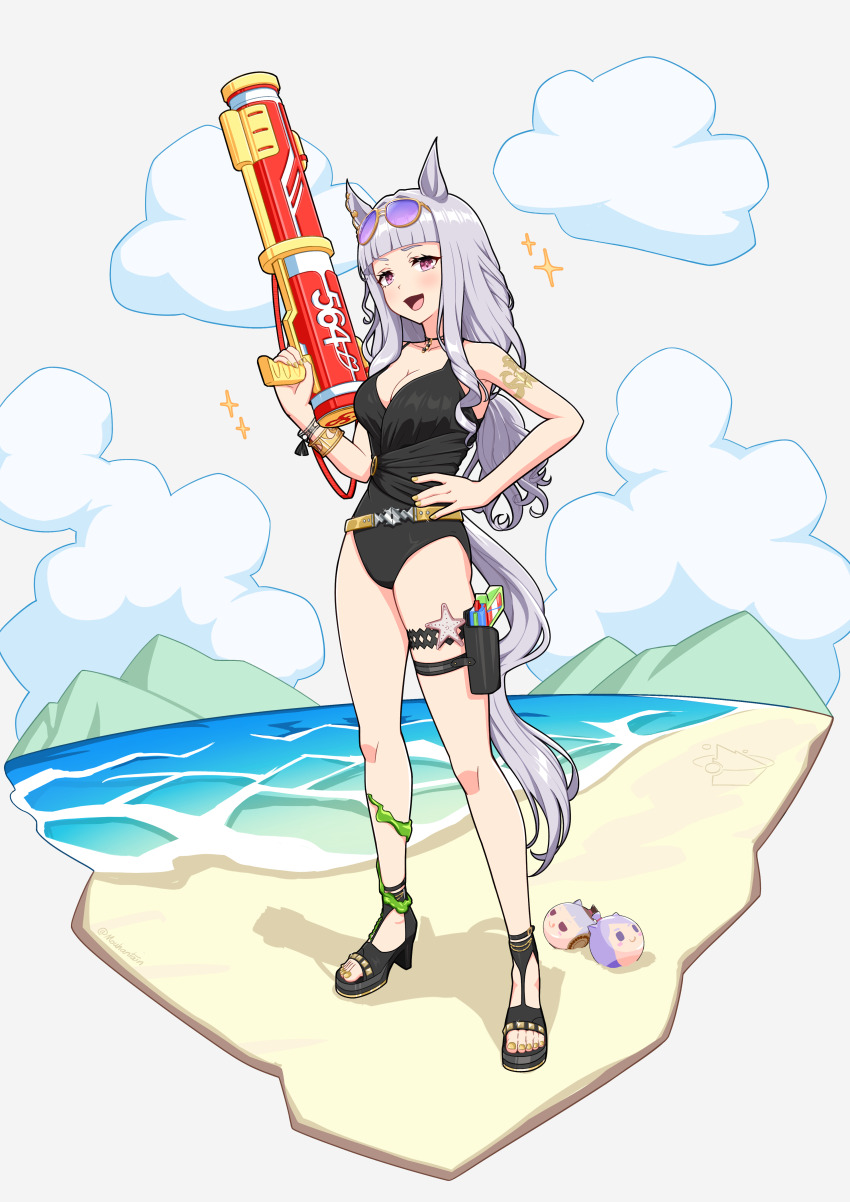 1girl :d absurdres animal_ears bare_arms bare_shoulders beach black_one-piece_swimsuit black_sandals breasts brown-framed_eyewear brown_nails casual_one-piece_swimsuit cleavage cloud eyewear_on_head gold_ship_(run_revolt_launcher)_(umamusume) gold_ship_(umamusume) grey_background grey_hair hand_on_own_hip high_heels highres holding horse_ears horse_girl horse_tail long_hair looking_at_viewer medium_breasts mejiro_mcqueen_(umamusume) mouhantain nail_polish one-piece_swimsuit open_mouth platform_sandals purple-tinted_eyewear red_eyes sand sandals simple_background smile solo sparkle swimsuit tail tinted_eyewear toenail_polish toenails toes umamusume very_long_hair water