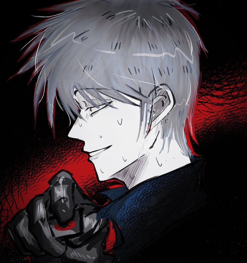 1boy akagi:_yami_ni_oritatta_tensai akagi_shigeru black_background black_eyes black_gloves blue_shirt collared_shirt colored_skin commentary english_commentary from_side fukumoto_mahjong gloves grey_hair grin highres holding holding_mahjong_tile looking_afar mahjong mahjong_tile male_focus portrait profile red_background shirt short_hair showstyle smile solo sweat white_skin