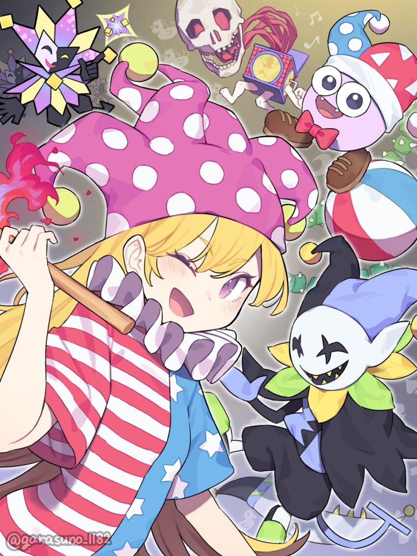 :d american_flag_dress ball beachball blonde_hair blush character_request clownpiece copyright_request deltarune dimentio fire garasuno hat highres holding holding_torch jester_(lethal_company) jester_cap jevil kirby_(series) lethal_company long_hair looking_at_viewer mario_(series) marx_(kirby) neck_ruff nintendo one_eye_closed open_mouth paper_mario polka_dot_headwear purple_eyes purple_hat short_sleeves smile star_(symbol) star_print super_paper_mario torch touhou twitter_username very_long_hair