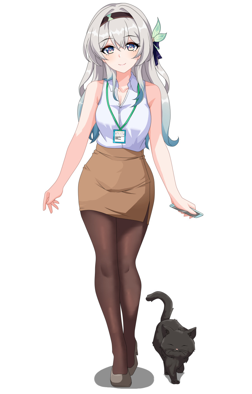 1girl absurdres alternate_costume bare_arms black_cat black_hairband black_pantyhose brown_skirt cat cellphone collared_shirt firefly_(honkai:_star_rail) full_body gradient_hair green_hair grey_hair grey_shoes hairband highres holding holding_phone honkai:_star_rail honkai_(series) lanyard long_hair looking_at_viewer maxwelzy multicolored_hair office_lady pantyhose phone purple_eyes shirt shirt_tucked_in shoes skirt sleeveless sleeveless_shirt smartphone smile solo standing two-tone_hair white_shirt