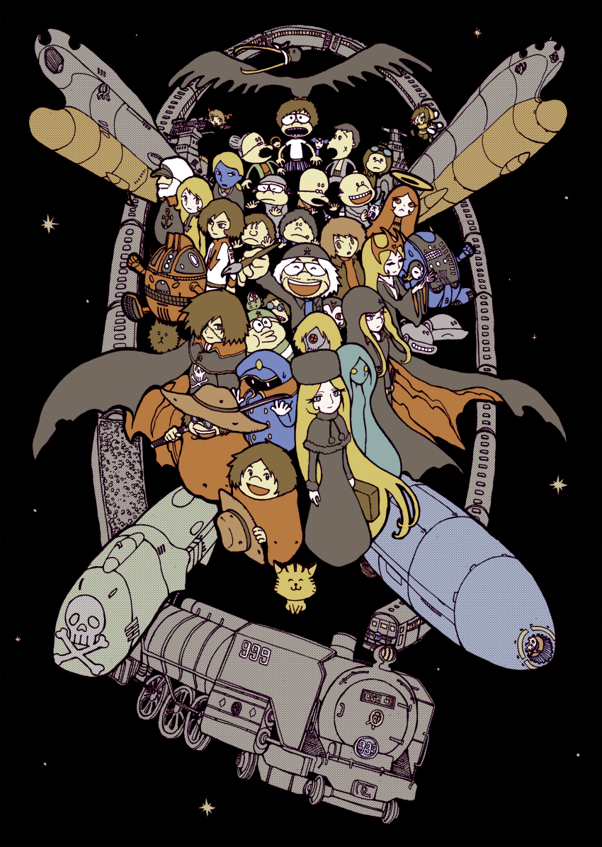 6+boys absurdres beard blonde_hair blue_hair brown_hair cat character_request commentary_request conductor_(ginga_tetsudou_999) copyright_request desler facial_hair ginga_tetsudou_999 glasses grey_hair gun_frontier_(western) halo harlock harlock_saga hat highres hoshino_tetsurou maetel matsumoto_leiji_(mangaka) mori_yuki multiple_boys multiple_girls mustache okita_juuzou ooyama_toshiro shin_taketori_monogatari_sennen_joou star_(sky) suitcase train uchuu_kaizoku_captain_harlock uchuu_senkan_yamato usuisoto_(mouse4949) white_hair yukino_yayoi