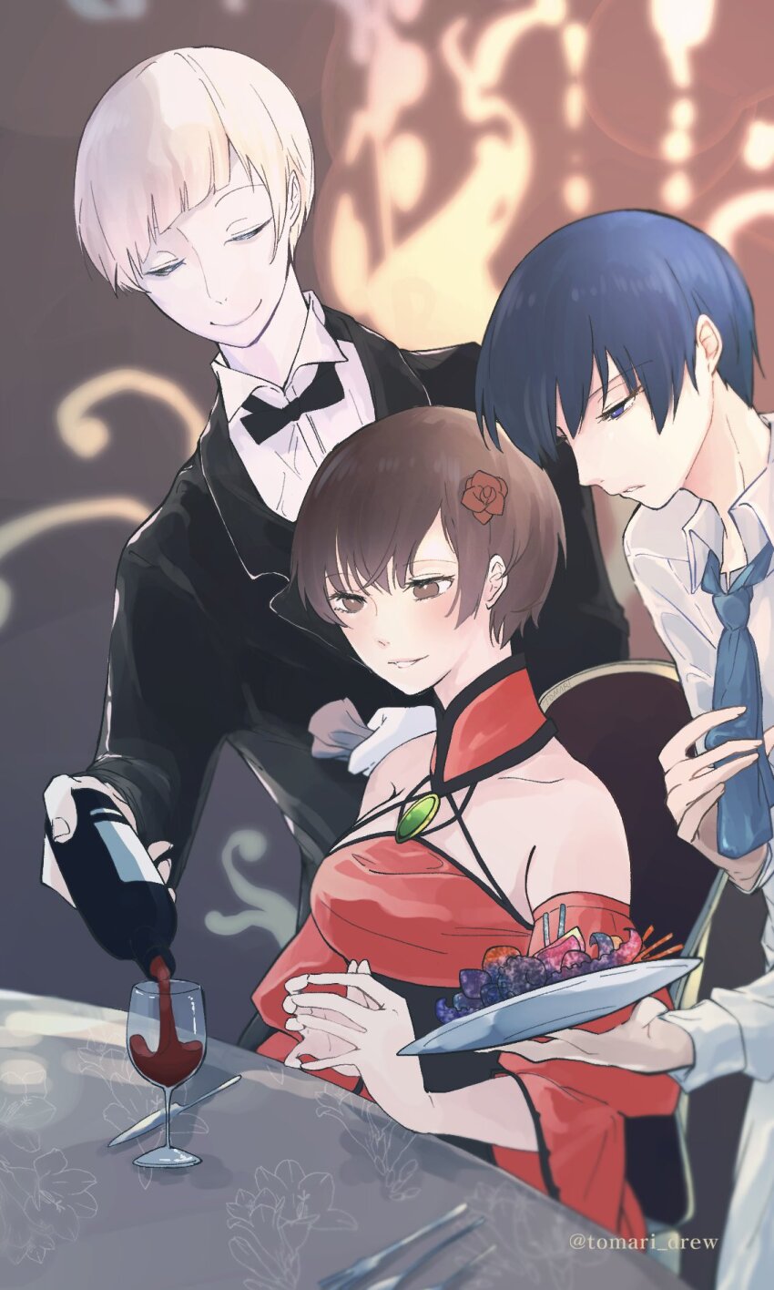 1girl 2boys akujiki_musume_conchita_(vocaloid) alcohol ascot banica_conchita bare_shoulders black_bow black_bowtie black_suit blue_ascot blue_eyes blue_hair blunt_bangs bottle bow bowtie breasts brooch brown_eyes brown_hair butler carlos_marlon chef choker collarbone commentary corset cup cutlery detached_collar detached_sleeves dress drinking_glass evillious_nendaiki flower fork formal_clothes highres holding holding_plate jewelry kaito_(vocaloid) knife large_breasts lich_arklow meiko_(vocaloid) multiple_boys narrow_waist open_collar pale_skin parted_lips plate pouring red_choker red_dress red_flower red_rose rose short_hair smile suit tomari_drew tuxedo vocaloid white_hair wide_sleeves wine wine_bottle wine_glass