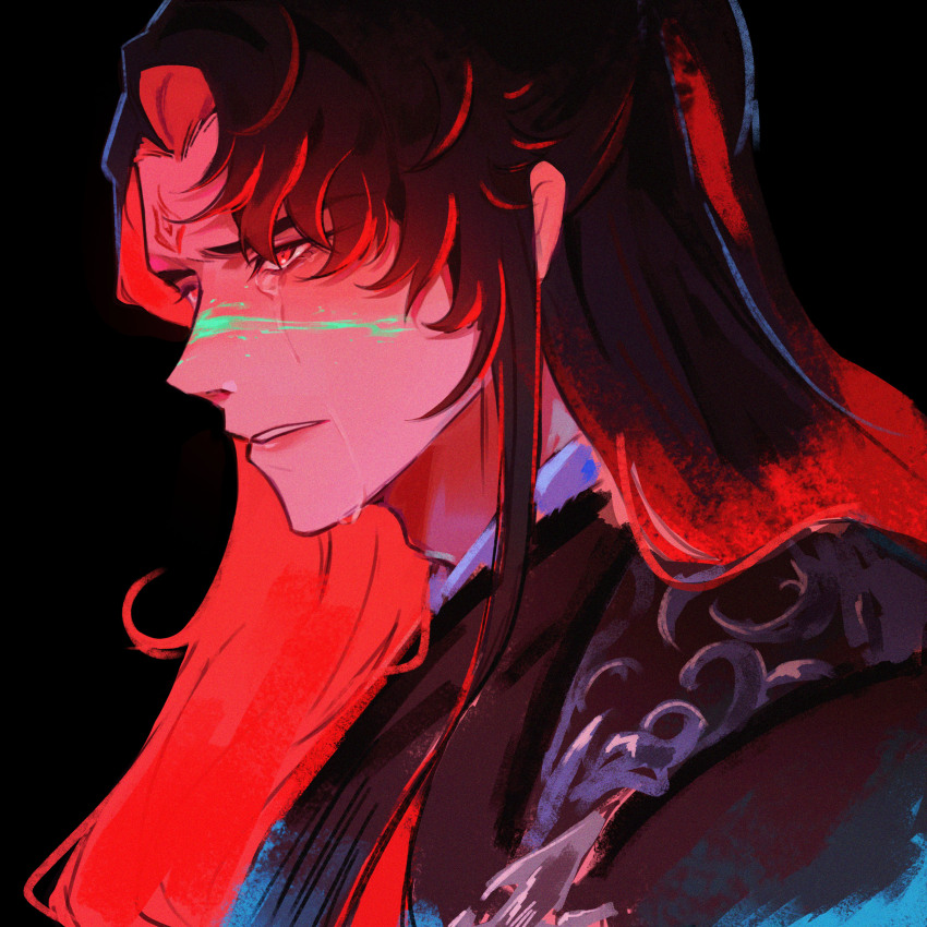 1boy absurdres adam&#039;s_apple black_background black_hair black_hanfu blood blood_on_face chinese_clothes crying crying_with_eyes_open facial_mark forehead_mark green_blood hanfu highres long_hair looking_ahead luo_binghe male_focus nanhyang parted_lips red_eyes renzha_fanpai_zijiu_xitong simple_background solo tears upper_body zuiyin