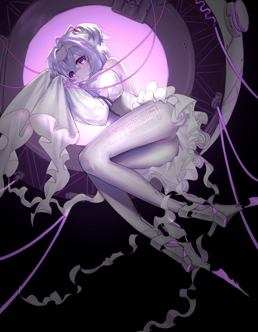 1girl ahoge ass bare_shoulders bound bound_wrists character_name closed_mouth clothes_writing detached_sleeves frilled_skirt frills goddess_of_victory:_nikke hair_intakes headband headgear high_heels highres leotard liberalio_(nikke) looking_at_viewer lying machine on_side pantyhose pleated_skirt prprprprpr purple_eyes purple_hair short_hair sidelocks skirt sleeves_past_fingers sleeves_past_wrists solo very_long_sleeves white_leotard white_pantyhose white_skirt white_sleeves wide_sleeves