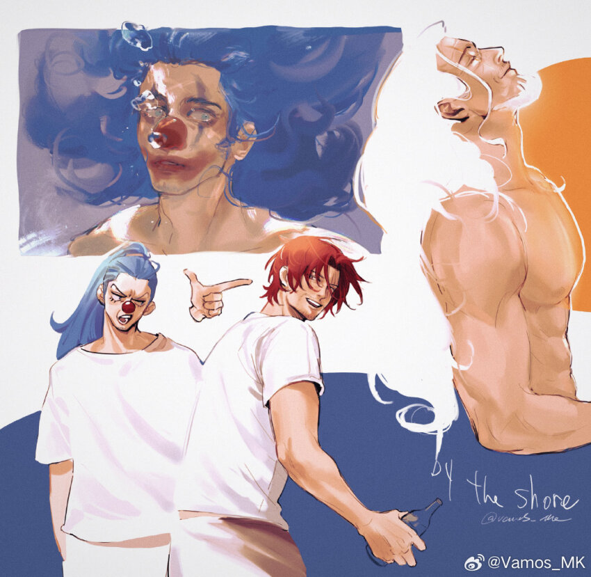 3boys adam&#039;s_apple beard blue_hair bottle buggy_the_clown clown_nose facepaint facial_hair holding holding_bottle long_hair male_focus multiple_boys multiple_views mustache one_piece open_mouth parted_lips ponytail red_hair shanks_(one_piece) shirt short_hair silvers_rayleigh underwater vamos_mk very_long_hair white_hair white_shirt