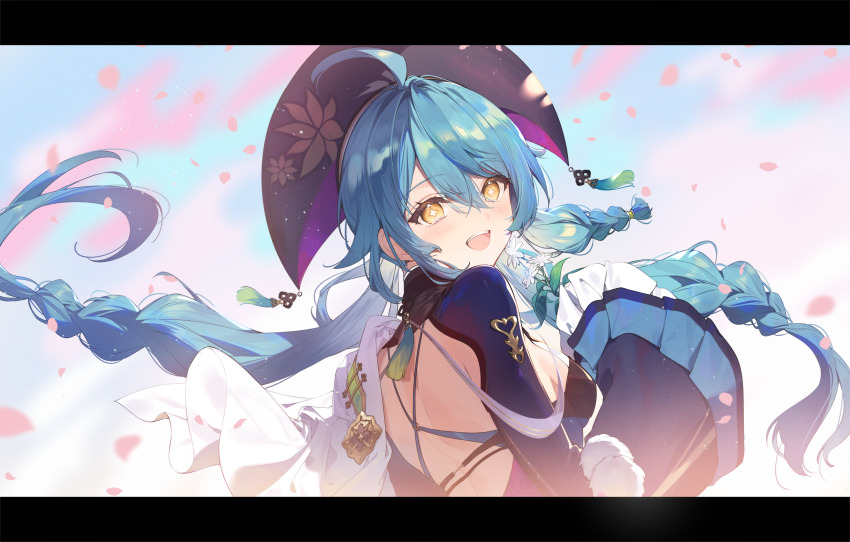 1girl ahoge back back_cutout blue_hair blush braid breasts clothing_cutout day eyelashes falling_petals flower hair_between_eyes highres holding holding_flower letterboxed long_hair long_sleeves looking_at_viewer looking_back necomi nijisanji open_mouth outdoors petals pink_petals sideboob sidelocks solo star-shaped_pupils star_(symbol) symbol-shaped_pupils tamanoi_nana tassel teeth tongue upper_body upper_teeth_only virtual_youtuber white_flower yellow_eyes