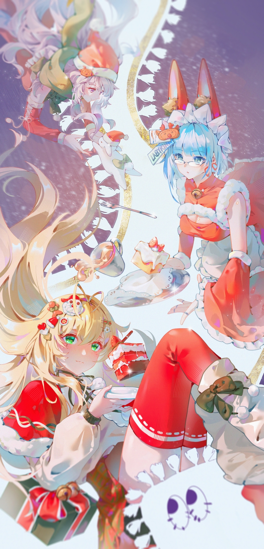 3girls absurdres alternate_costume animal animal_ear_fluff animal_ears antenna_hair apron bare_shoulders bell black_ribbon blonde_hair blue_eyes blue_hair blush bow box breasts cake cake_slice capelet character_name chinese_commentary christmas cleavage cleavage_cutout clothed_animal clothing_cutout commentary convenient_censoring cross-laced_clothes cross-laced_sleeves cup detached_sleeves dress drink fake_animal_ears food fork fruit gift gift_box glasses green_bow green_eyes green_scarf hair_ornament hairclip hat hella_(path_to_nowhere) highres holding holding_plate knees_together_feet_apart labyrinth_(path_to_nowhere) leg_warmers legs_up lynn_(path_to_nowhere) maid maid_headdress medium_breasts miniskirt multiple_girls neck_bell neck_ribbon nie_guai path_to_nowhere pink_eyes pink_hair plate rabbit rabbit_ears red_capelet red_dress red_ribbon red_sleeves red_thighhighs reindeer_hair_ornament ribbon ribbon_earrings santa_hat scar scar_across_eye scar_on_face scarf semi-rimless_eyewear shirt skirt sleeveless sleeveless_dress spilling strawberry strawberry_cake strawberry_slice tail tail_bow tail_ornament tapestry thighhighs waist_apron white_apron white_leg_warmers white_shirt