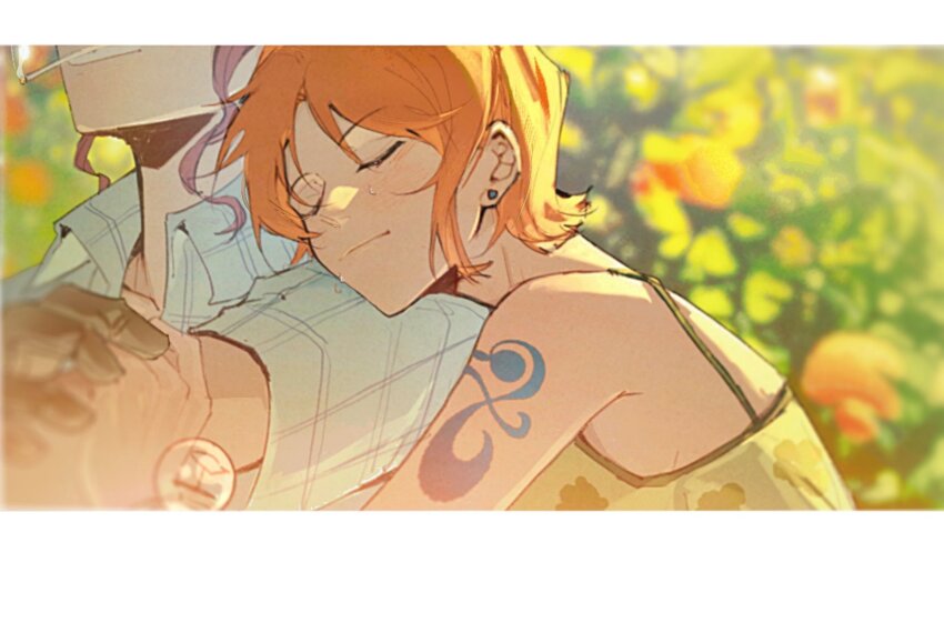 2girls bare_shoulders bellemere blurry blurry_background camisole checkered_clothes checkered_shirt cigarette closed_eyes closed_mouth collared_shirt commentary earrings food fruit gloves green_camisole hand_on_another&#039;s_arm head_on_another&#039;s_shoulder highres hug hug_from_behind jewelry log_pose mandarin_orange mother_and_daughter multiple_girls nami_(one_piece) nami_(one_piece)_(arlong_park) one_piece onecata11 orange_hair orange_tree outdoors parted_lips pink_hair shirt short_hair short_sleeves shoulder_tattoo single_sidelock spaghetti_strap stud_earrings symbol-only_commentary tattoo teardrop tears upper_body