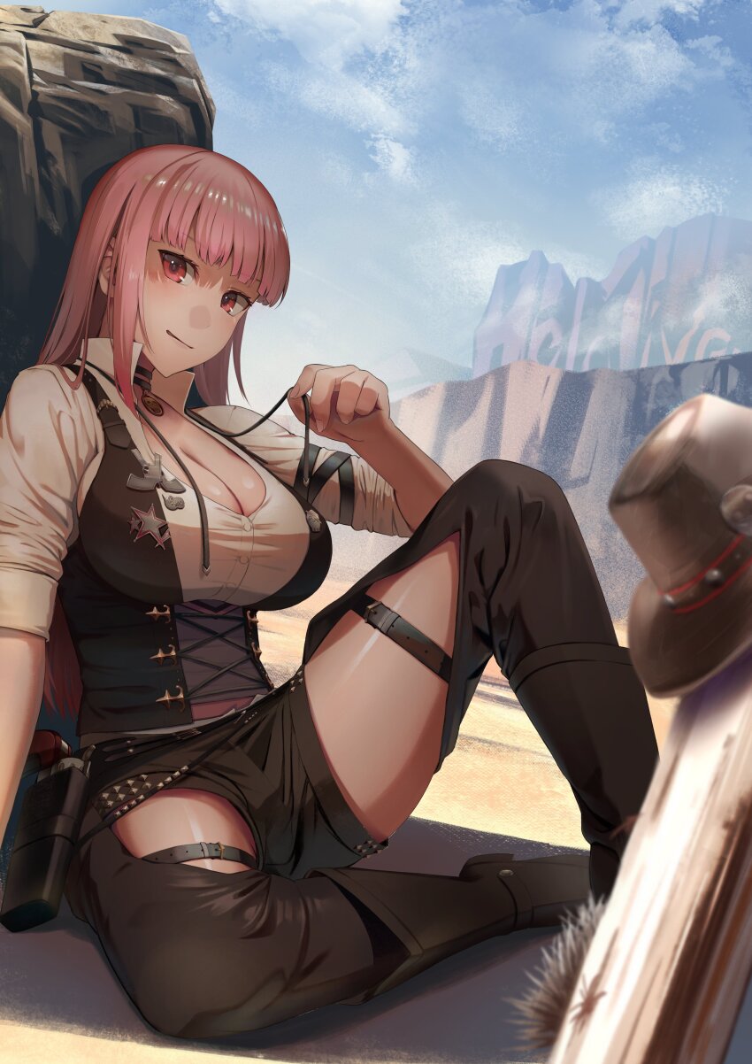 1girl absurdres black_choker blush bodice boots breasts chaps choker cleavage commentary cowboy cowboy_boots cowboy_hat cowboy_western cowgirl_(western) english_commentary gun handgun hat hat_ornament highres hololive hololive_english large_breasts long_hair looking_at_viewer low-cut mori_calliope mori_calliope_(sheriff) official_alternate_costume pink_hair red_eyes revolver sheriff sheriff_badge shigatsuitsuka2 shirt shorts skull_choker skull_hat_ornament skull_ornament smile solo virtual_youtuber weapon western white_shirt
