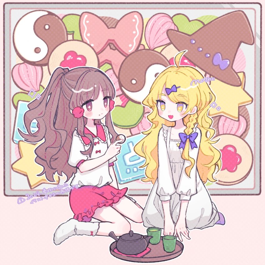 2girls :d ahoge alternate_costume alternate_hairstyle blonde_hair bow braid brown_eyes brown_hair commentary_request cup dot_nose dress fang flat_chest fluffy_legwear food food_on_face frills full_body hair_bow hair_ribbon hakurei_reimu happy hat high_ponytail highres kirisame_marisa long_hair long_sleeves looking_at_another m_(m073111) multiple_girls no_headwear open_mouth outline ponytail puffy_long_sleeves puffy_short_sleeves puffy_sleeves red_skirt ribbon shirt short_sleeves single_braid sitting skin_fang skirt smile socks teapot three-quarter_sleeves touhou tress_ribbon v_arms very_long_hair wariza white_dress white_outline white_shirt witch_hat yellow_eyes
