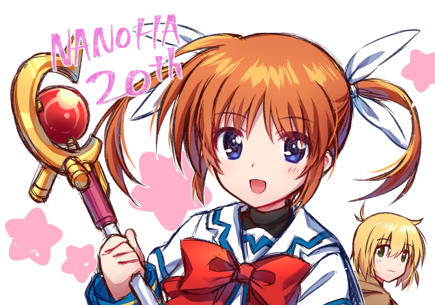 1boy 1girl :d absurdres anniversary blonde_hair blue_eyes blush bow brown_hair character_name commentary_request green_eyes hair_between_eyes hair_ornament hair_ribbon highres holding holding_staff hood hood_down jacket long_sleeves looking_at_viewer lyrical_nanoha magical_girl mahou_shoujo_lyrical_nanoha medium_hair open_mouth orange_hair orb raising_heart raising_heart_(device_mode) red_bow revision ribbon shenbei_xiaoqiu simple_background smile solo_focus staff star_(symbol) takamachi_nanoha takamachi_nanoha_(original_mode) twintails white_background white_jacket white_ribbon yuuno_scrya