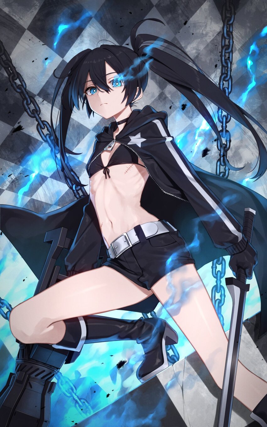 1girl belt bikini bikini_top_only black_boots black_coat black_hair black_rock_shooter black_rock_shooter_(character) black_shorts blue_eyes blue_fire boots bright_pupils chain checkered_ceiling checkered_floor coat commentary fire flaming_eye greenkohgen highres holding holding_sword holding_weapon knee_up light_frown long_hair looking_at_viewer navel open_clothes open_coat ribs scar shorts solo standing star_(symbol) swimsuit sword twintails very_long_hair weapon white_belt white_pupils