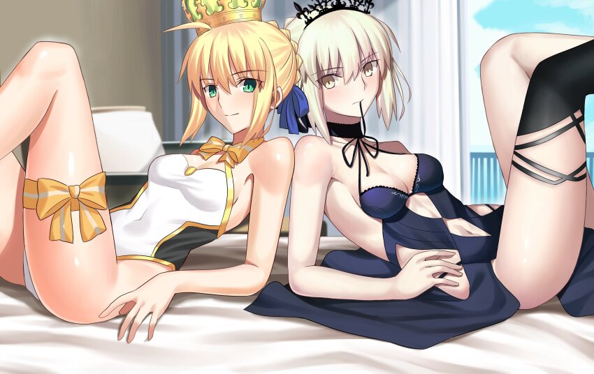 2girls absurdres ahoge artoria_pendragon_(fate) artoria_pendragon_(swimsuit_archer)_(fate) artoria_pendragon_(swimsuit_archer)_(third_ascension)_(fate) artoria_pendragon_alter_(swimsuit_rider)_(fate) artoria_pendragon_alter_(swimsuit_rider)_(third_ascension)_(fate) bare_shoulders bed black_gloves black_thighhighs blonde_hair blue_dress blue_ribbon blush braid breasts cleavage clothing_cutout crown dress fate/grand_order fate_(series) gloves gold_trim green_eyes hair_bun hair_ribbon highleg highleg_one-piece_swimsuit highres long_hair longdq3008 looking_at_viewer medium_breasts multiple_girls navel navel_cutout one-piece_swimsuit ribbon sidelocks smile swimsuit thighhighs thighs tiara white_one-piece_swimsuit yellow_eyes