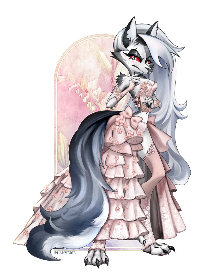 1girl absurdres animal_ears dress frilled_dress frills furry hellaverse hellhound helluva_boss highres lanveril loona_(helluva_boss) pink_dress ribbon white_hair wolf_girl