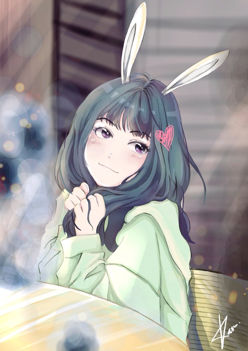 1girl animal_ears blunt_bangs blush closed_mouth commentary english_commentary eunha_(gfriend) fake_animal_ears gfriend green_hair green_hoodie heart highres hood hoodie k-pop kasurinjung looking_to_the_side medium_hair purple_eyes rabbit_ears real_life signature sitting smile solo upper_body