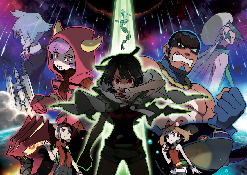3girls 4boys :&lt; absurdres beret black_hair bracelet brendan_(pokemon) brown_hair cape closed_eyes closed_mouth courtney_(pokemon) gen_3_pokemon green_hair grey_hair groudon hat highres holding holding_poke_ball hood jewelry kyogre legendary_pokemon matt_(pokemon) may_(pokemon) meteor meteor_shower multiple_boys multiple_girls nintendo official_art oomura_yuusuke poke_ball pokemon pokemon_(creature) pokemon_oras primal_groudon primal_kyogre purple_hair rayquaza red_eyes rocket_ship second-party_source space spacecraft steven_stone v-shaped_eyebrows wallace_(pokemon) zinnia_(pokemon)