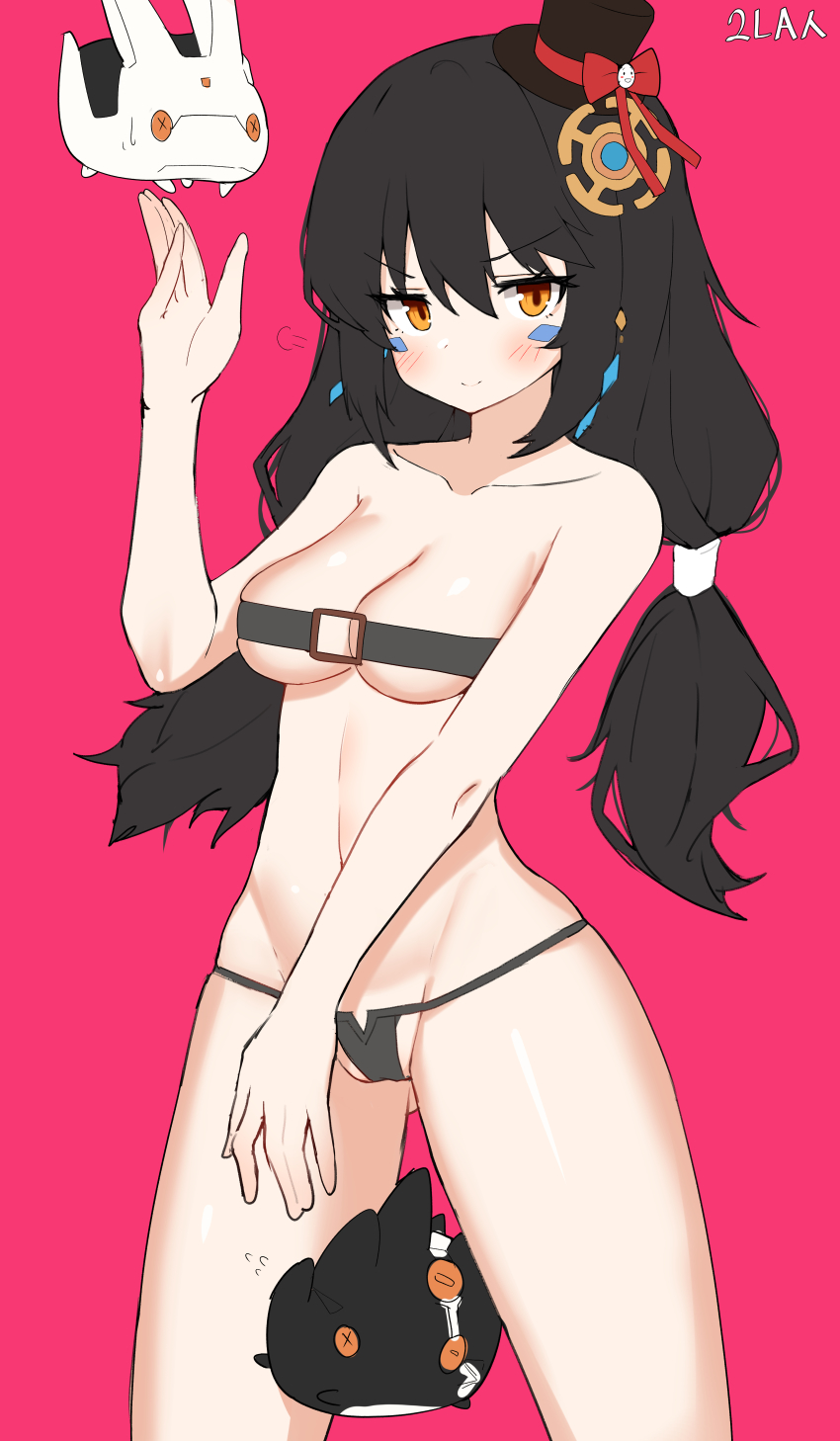 1girl absurdres bare_arms bare_shoulders bikini black_bikini black_hair breasts cleavage closed_mouth collarbone commission cowboy_shot drone elsword eve_(2nas)_(elsword) eve_(elsword) facial_mark gluteal_fold groin hair_ornament hat highres jubro long_hair looking_at_viewer lowleg lowleg_bikini medium_breasts mini_hat mini_top_hat moby_(elsword) navel orange_eyes pink_background remy_(elsword) second-party_source simple_background smile smug standing stomach strapless strapless_bikini string_bikini swimsuit thighs top_hat twintails v-shaped_eyebrows