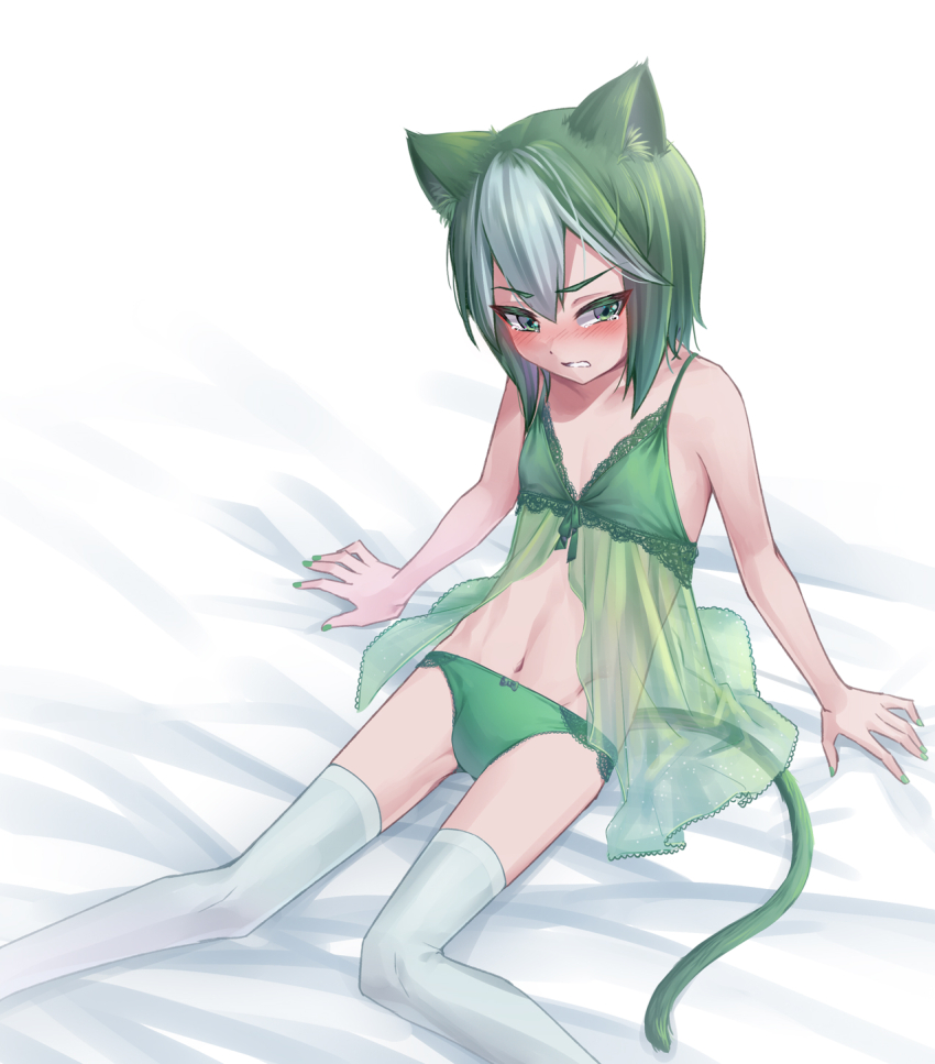 1boy aleister_(yu-gi-oh!) animal_ears bed_sheet blush bulge camisole cat_boy cat_ears cat_tail crossdressing crossdressing_(mtf) crowley_the_magistus_of_grimoires duel_monster embarrassed green_eyes grey_hair highres kemonomimi_mode male_focus medium_hair nail_polish navel panties shun_no_shun solo tail thighhighs trap underwear yu-gi-oh!