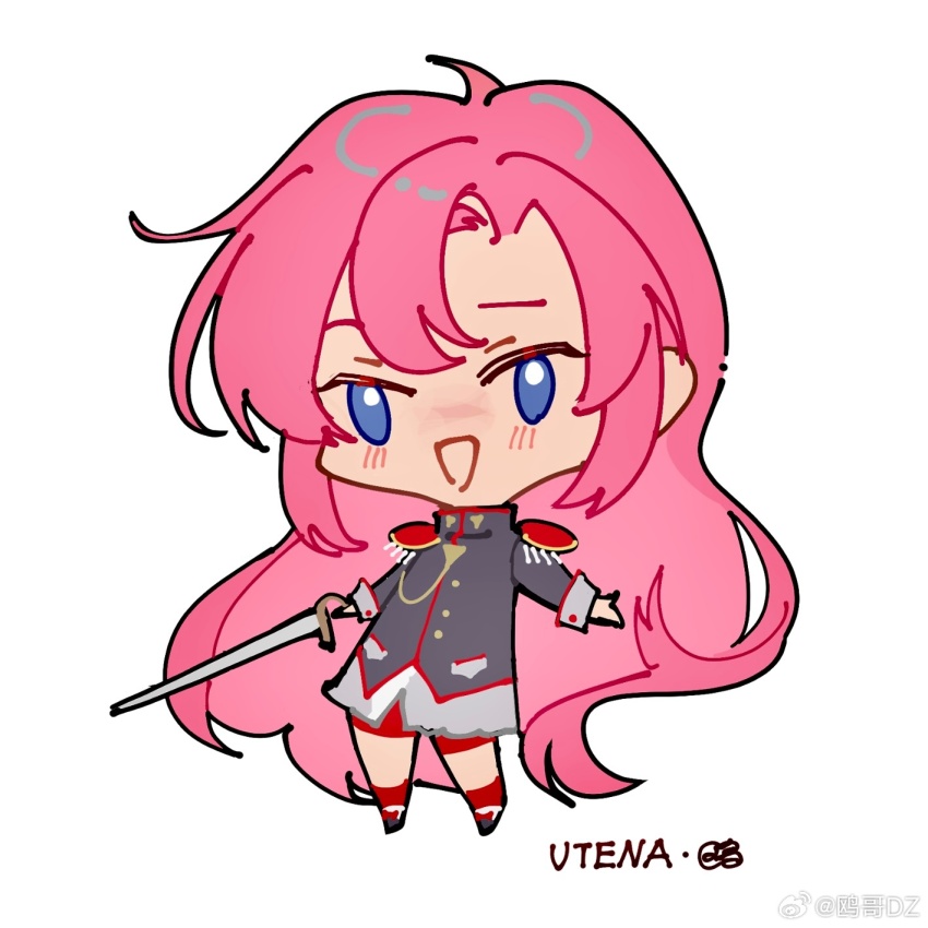 1girl aiguillette black_jacket black_shoes blue_eyes bright_pupils buttons chibi chinese_commentary collared_jacket commentary_request copyright_name epaulettes grey_skirt grey_sleeve_cuffs hair_between_eyes happy high_collar highres holding holding_sword holding_weapon jacket kneehighs light_blush long_hair long_sleeves miniskirt open_mouth ouge_dz pink_hair pleated_skirt pocket red_shorts red_socks shoes shorts shorts_under_skirt shoujo_kakumei_utena signature simple_background skirt smile socks solo standing sword tenjou_utena very_long_hair watermark wavy_hair weapon weibo_watermark white_background white_pupils