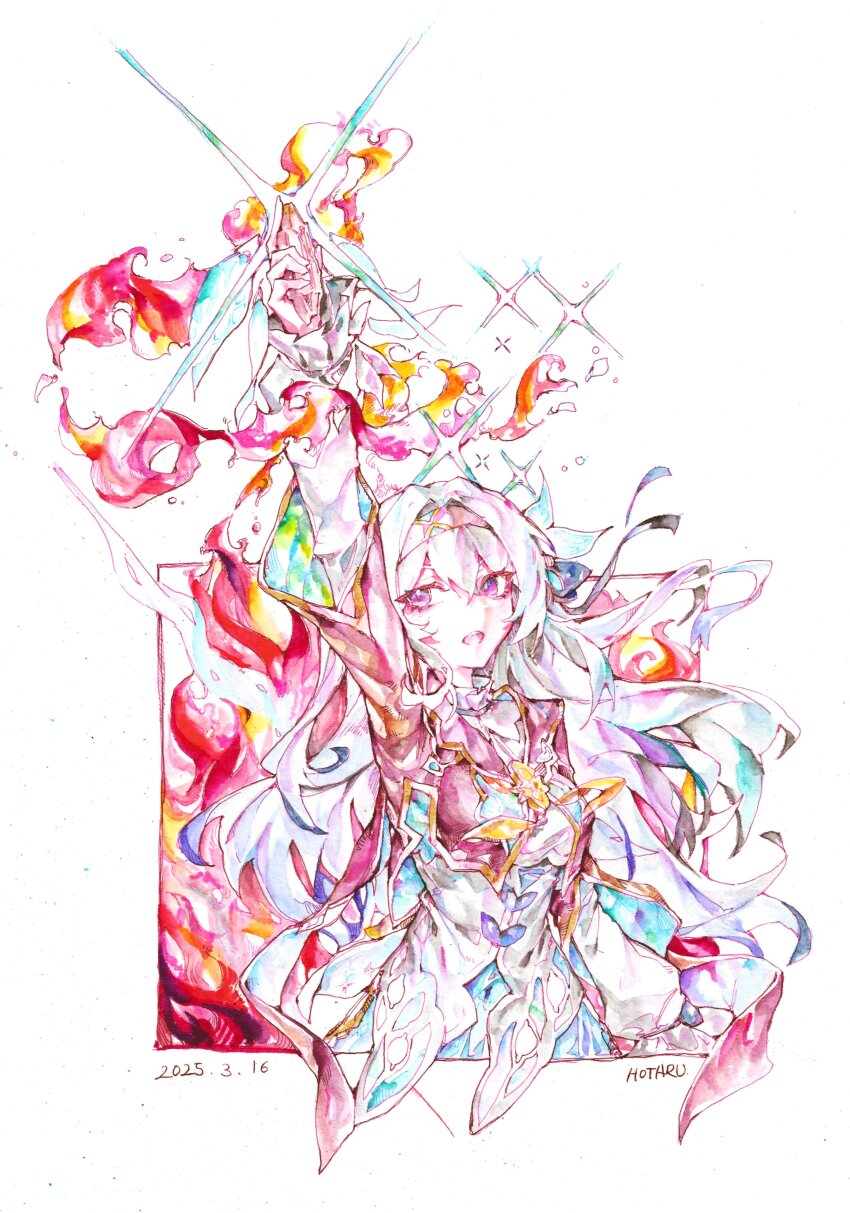 1girl absurdres aqua_dress aqua_skirt cocoballking collar dated dress fire firefly_(honkai:_star_rail) gradient_hair grey_hair hair_between_eyes hair_intakes hair_ornament hair_ribbon hairband hand_up highres honkai:_star_rail honkai_(series) long_hair multicolored_hair neckerchief open_mouth orange_neckerchief outside_border ribbon simple_background skirt solo twitter_username white_background white_collar