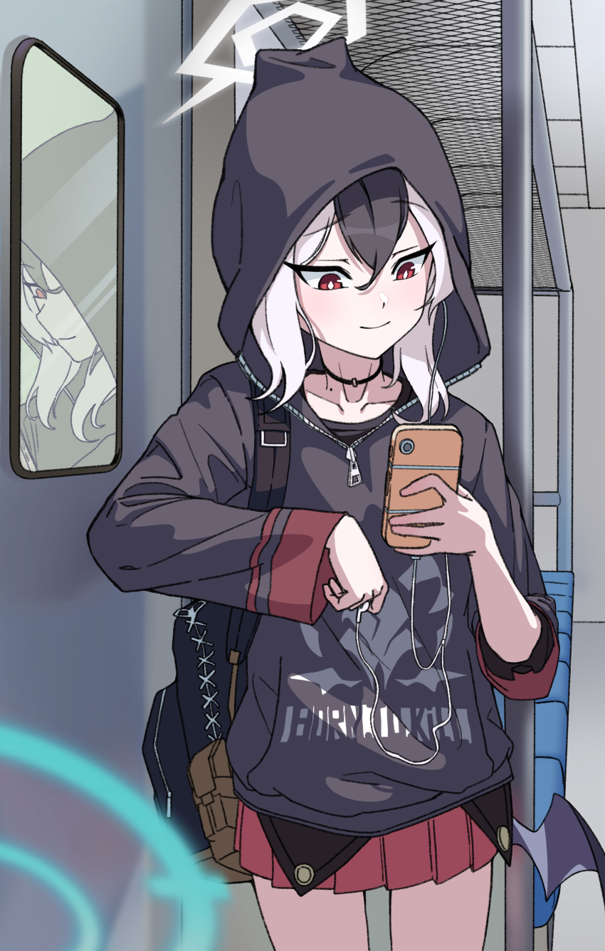 1girl absurdres backpack bag black_bag black_hair black_hoodie blue_archive commentary demon_wings halo highres holding holding_phone hood hoodie kayoko_(blue_archive) on_train phone red_skirt shiroko_(blue_archive) single_wing skirt user_fxhp5832 white_hair white_halo wings