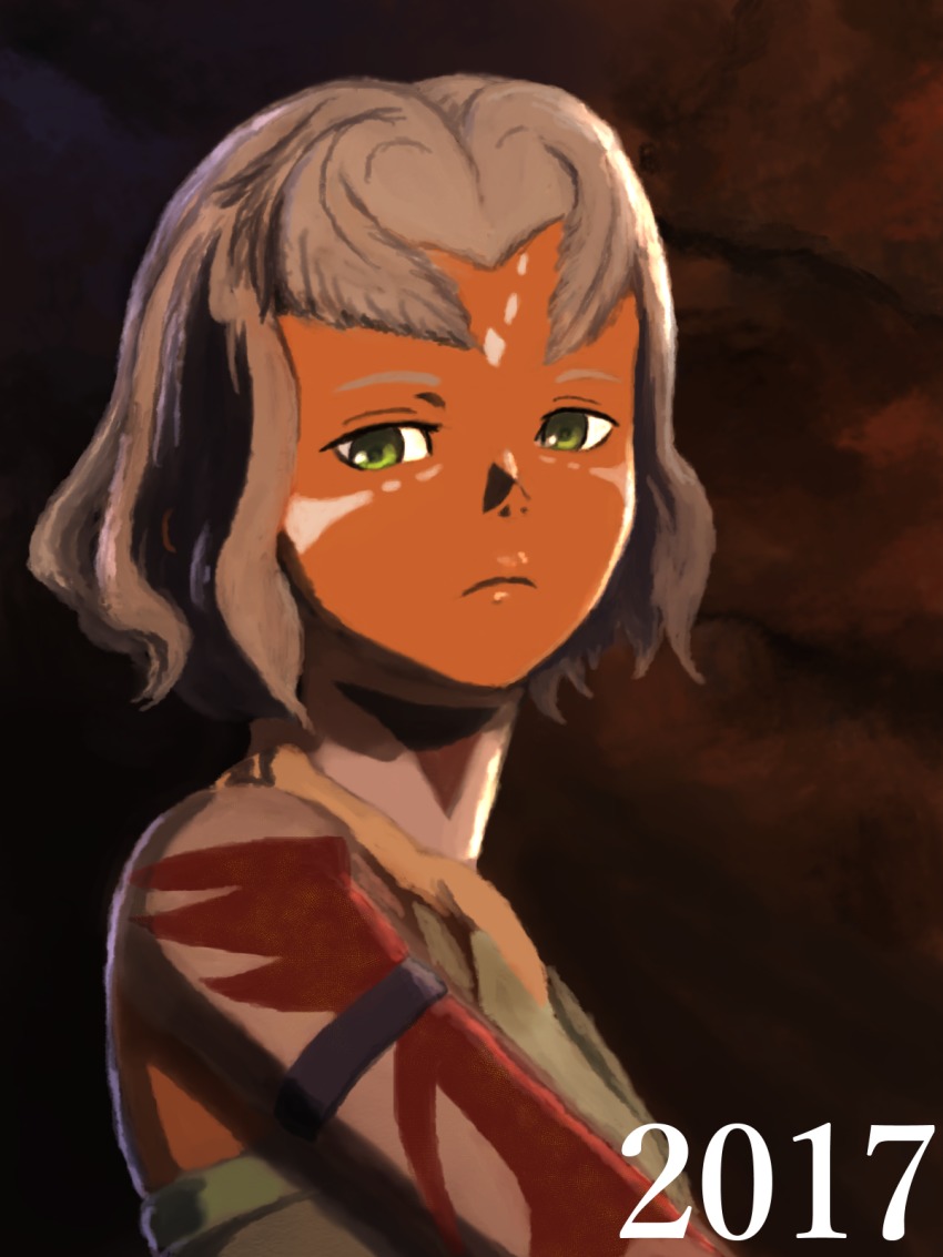 1girl 2017 antennae dark_skin godzilla:_planet_of_the_monsters godzilla_(series) green_eyes highres houtua kmd looking_at_viewer mask miana monster_girl multicolored_hair pink_hair polygon_pictures spoilers tattoo toho tribal tribal_tattoo two-tone_hair white_hair