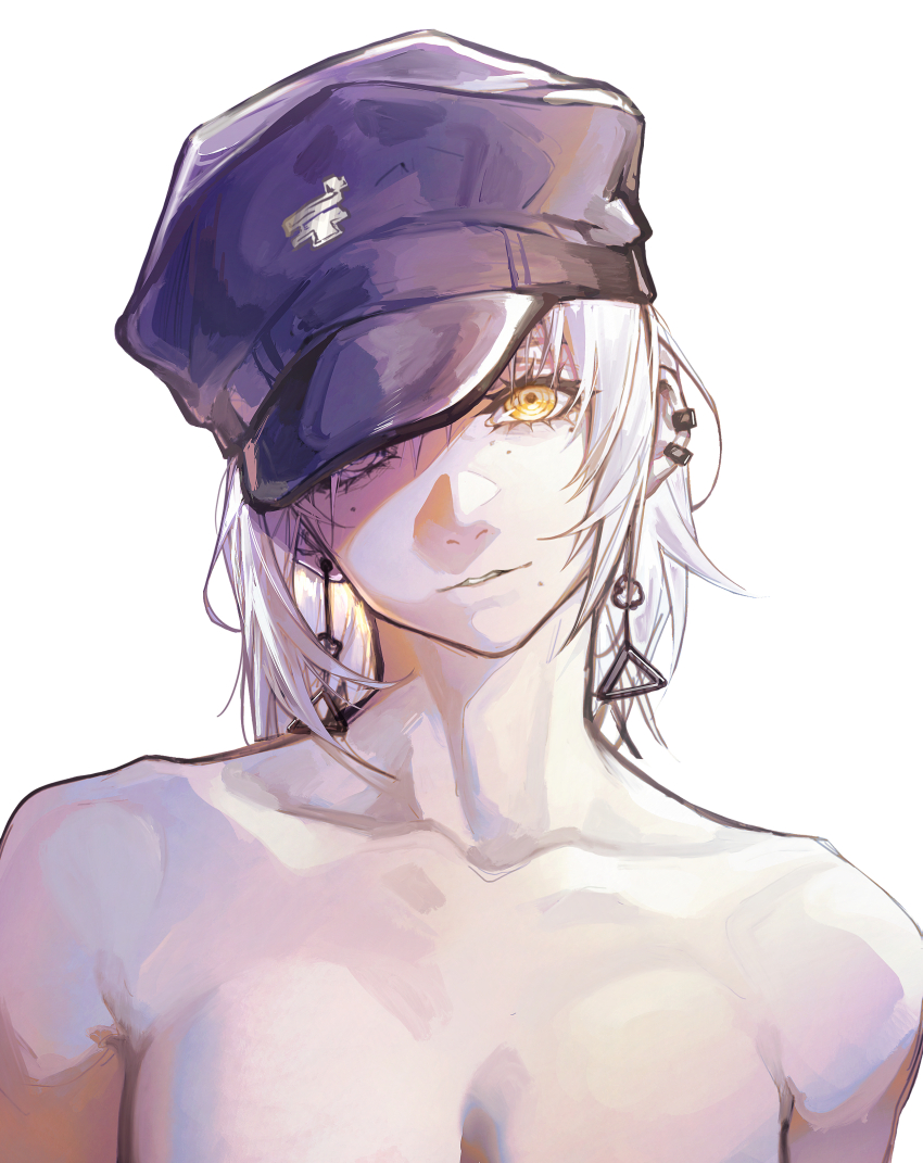 1girl absurdres bare_shoulders black_hat breasts chainsaw_man collarbone deka_yo fami_(chainsaw_man) grey_hair hat highres light_smile looking_at_viewer medium_breasts medium_hair mole mole_under_eye mole_under_mouth nude out-of-frame_censoring solo tassel topless_female upper_body yellow_eyes