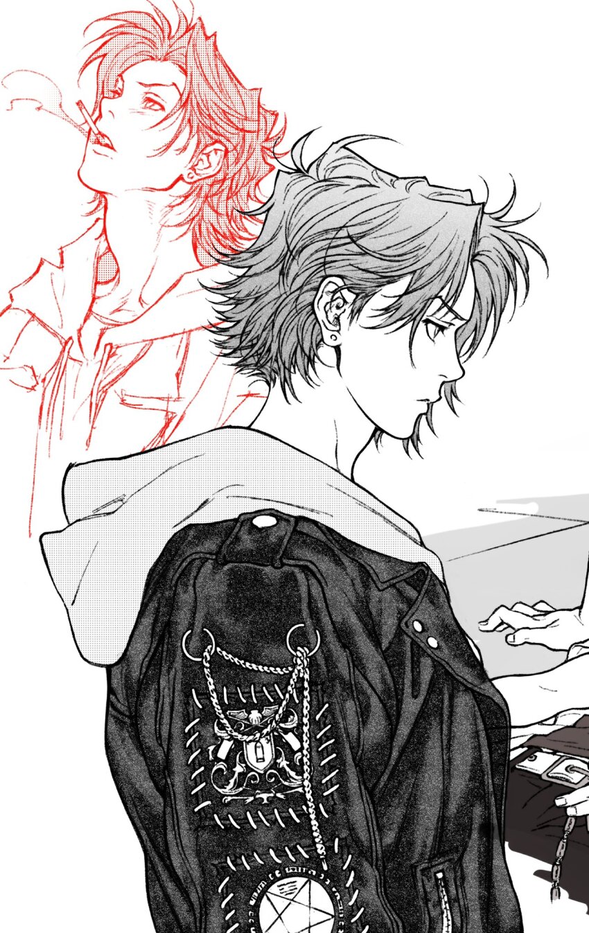 1boy cigarette closed_mouth commentary_request cropped drawstring gokudera_hayato greyscale highres hood hood_down hoodie jacket katekyo_hitman_reborn! lapels leather leather_jacket looking_ahead male_focus monochrome multiple_views out_of_frame patch profile shoulder_patch smoke smoke_trail smoking umkaqryi upper_body
