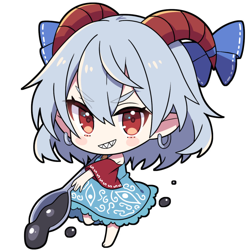 1girl barefoot blue_dress blue_hair chibi curly_hair detached_sleeves dress earrings eye_print full_body highres holding holding_spork horn_ornament horn_ribbon horns jewelry light_blue_hair meandros oil oversized_object patterned_clothing pointy_ears rain_leyley red_eyes red_horns red_sleeves ribbon sharp_teeth sheep_horns solo spork teeth thick_eyebrows touhou toutetsu_yuuma transparent_background