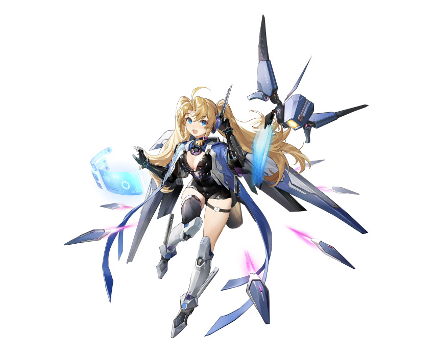 1girl absurdres ahoge bikini bikini_over_clothes black_bikini black_bodysuit black_gloves blonde_hair blue_eyes blue_jacket bodysuit braid breasts cleavage drone earpiece elbow_gloves gloves hair_ornament hand_to_head happy haze/reverb heart heart_hair_ornament highres holographic_interface jacket long_hair mecha_musume mechanical_boots official_art open_mouth short_braid single_braid single_thighhigh smile swimsuit tachi-e thigh_strap thighhighs tsukumo_tamaki twintails xiaohuanjie