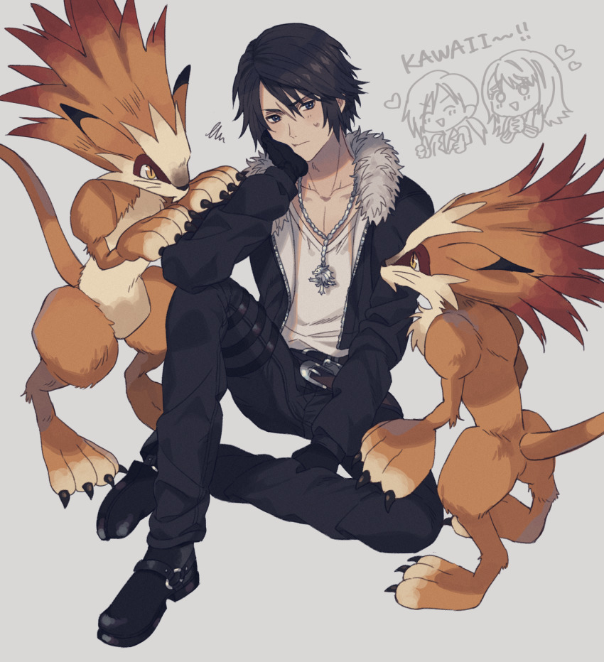1girl 234_(1234!) 2boys belt belt_buckle black_gloves black_jacket black_pants blue_eyes brown_hair buckle claws collarbone final_fantasy final_fantasy_viii fur-trimmed_jacket fur_trim gloves griever hand_on_own_chin head_rest highres jacket jewelry knee_up laguna_loire moomba multiple_boys necklace pants rinoa_heartilly shoes slit_pupils squall_leonhart sweatdrop swept_bangs yellow_eyes