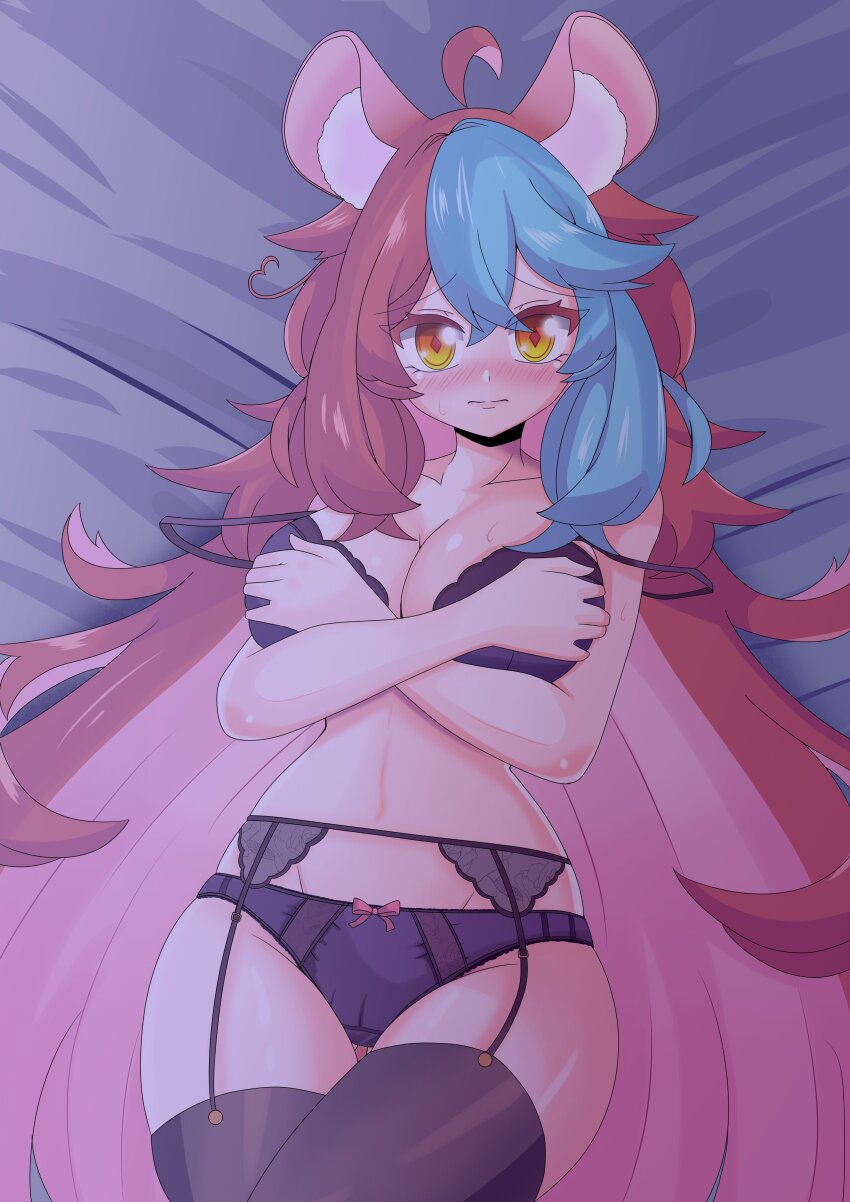 1girl animal_ears bed black_bra black_panties blue_hair blush bra breasts brown_hair chinchilla_ears chinchilla_girl cleavage cleft_of_venus closed_mouth collarbone covering_breasts covering_privates cowboy_shot crossed_arms dot_nose eyebrows eyelashes female_focus garter_belt indie_virtual_youtuber keirame_(vtuber) kimura_tao large_breasts looking_at_viewer lying multicolored_hair nose_blush on_back on_bed panties solo thigh_gap thighs two-tone_hair underwear underwear_only virtual_youtuber yellow_eyes