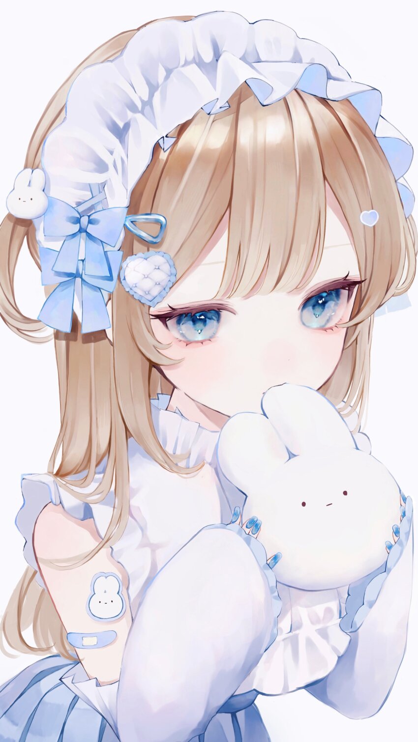 1girl absurdres ao_marumaru0720 blue_bandaid blue_eyes blue_ribbon blue_skirt blush frills hair_behind_ear hair_ornament hair_ribbon heart heart_hair_ornament highres long_hair maid_headdress mole original puffy_sleeves rabbit_hair_ornament ribbon skirt sleeves_past_fingers sleeves_past_wrists stuffed_animal stuffed_toy upper_body