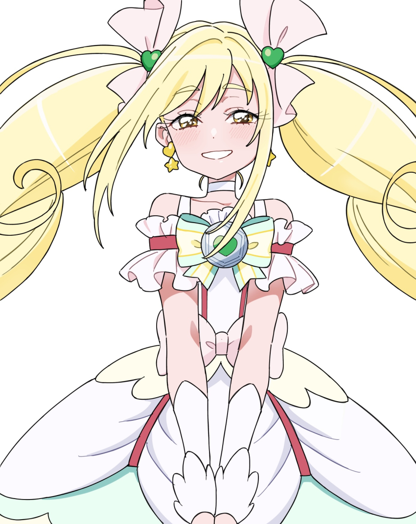 1girl arm_warmers blonde_hair bow bowtie brooch choker cure_echo detached_sleeves dress earrings green_bow green_bowtie grin hair_bow heart heart_brooch heart_earrings highres jewelry long_hair magical_girl precure precure_all_stars precure_all_stars_new_stage:_mirai_no_tomodachi sakagami_ayumi shirako_love simple_background sleeveless sleeveless_dress smile solo star_(symbol) star_earrings twintails white_background white_choker white_dress yellow_eyes