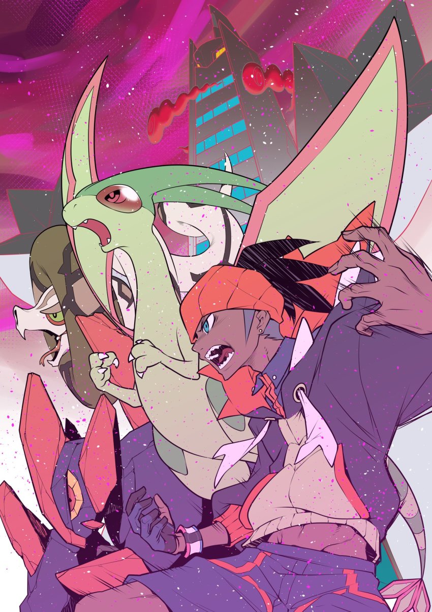 1boy black_hair blue_eyes collared_shirt commentary_request dark-skinned_male dark_skin duraludon dynamax_band earrings flygon from_side gen_3_pokemon gen_5_pokemon gen_8_pokemon gigalith gigantamax gigantamax_duraludon gloves highres hood hoodie jewelry male_focus misaki_yuuki motion_lines nintendo open_mouth orange_headwear partially_fingerless_gloves pokemon pokemon_(creature) pokemon_swsh raihan_(pokemon) sandaconda shirt short_hair shorts single_glove teeth tongue undercut
