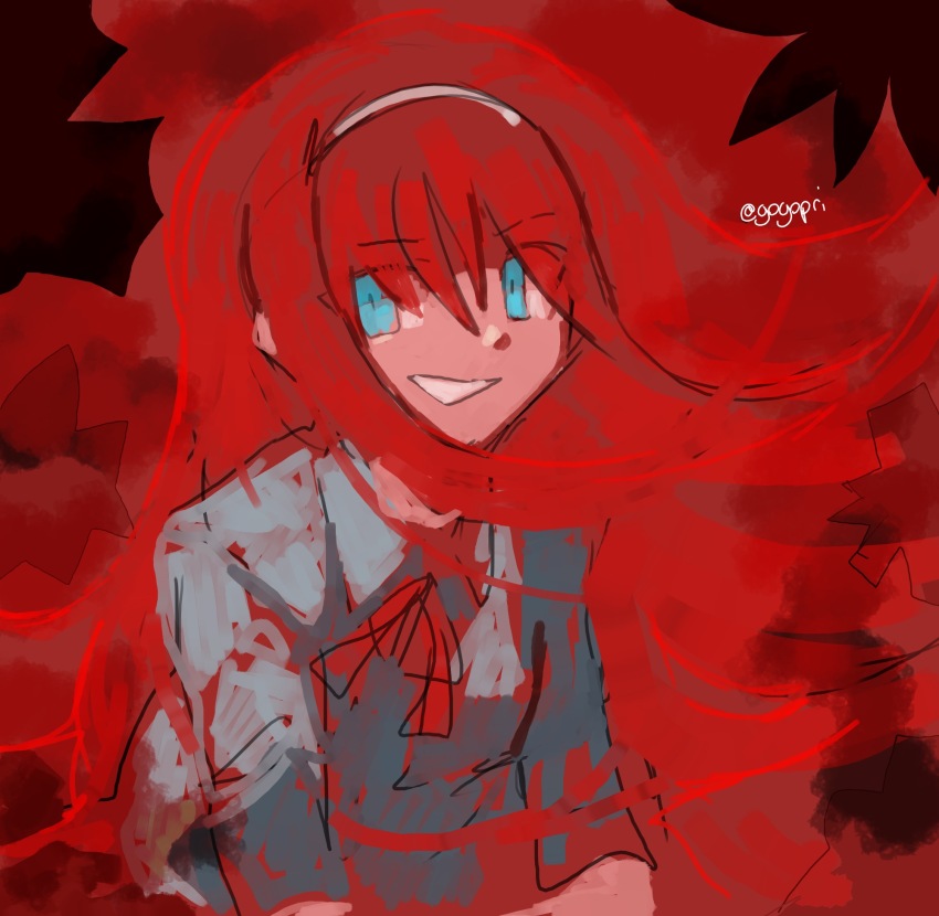1girl artist_name blue_eyes blue_shirt evil_smile flower gogopri hairband highres long_hair red_hair red_ribbon ribbon shirt smile tohno_akiha toono_akiha tsukihime vermillion_akiha very_long_hair white_hairband