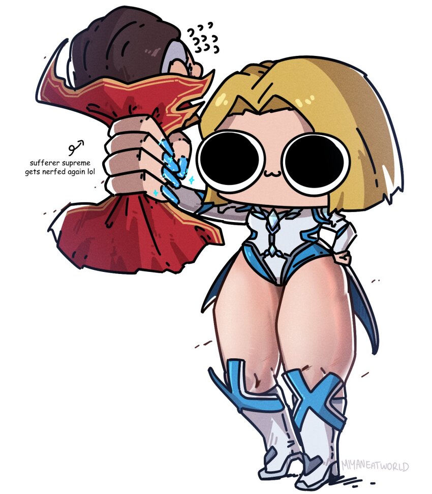 1boy 1girl blonde_hair blue_eyes boots breasts cape chibi cleavage crushing doctor_strange emma_frost highres large_breasts makeup marvel marvel_rivals miyan_(oceanmaiden) nail_polish short_hair thighs x-men
