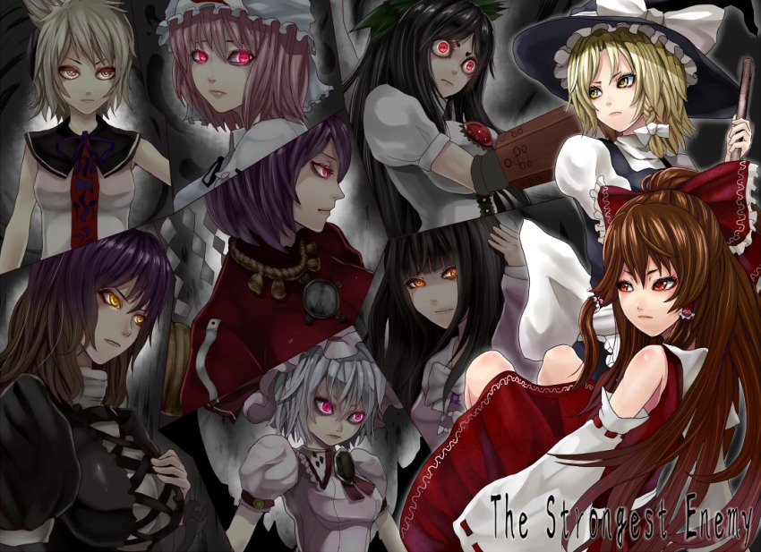 6+girls arm_cannon armcannon ascot bad_id bad_pixiv_id black_hair black_wings blonde_hair blue_hair blush bow braid breasts brown_eyes brown_hair detached_sleeves dress earmuffs female_focus gradient_hair hair_bow hair_tubes hakurei_reimu hat headphones hijiri_byakuren houraisan_kaguya japanese_clothes kirisame_marisa long_hair medium_breasts miko mirror multicolored_hair multiple_girls pink_eyes purple_hair red_eyes reiuji_utsuho remilia_scarlet ribbon ritual_baton rope saigyouji_yuyuko shimenawa shirt short_hair skirt sleeveless sleeveless_shirt small_breasts smile tate_eboshi third_eye touhou toyosatomimi_no_miko triangular_headpiece two-tone_hair very_long_hair weapon wings witch witch_hat yakan_7 yasaka_kanako yellow_eyes yukinojou_yakan