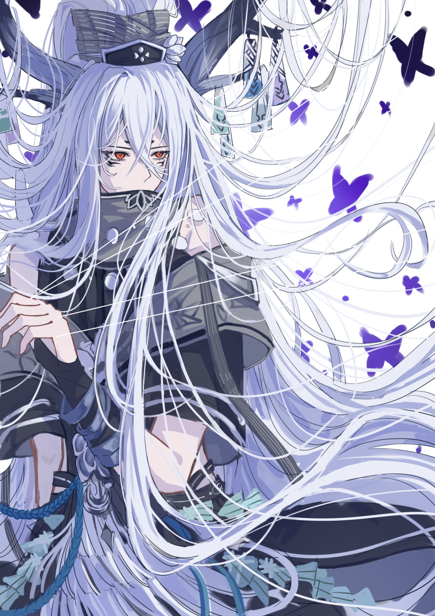1boy absurdres arm_warmers bare_shoulders bijia black_horns black_robe blue_horns blue_rope bug butterfly chinese_clothes cihe185404 clothing_cutout covered_mouth facial_mark gossamer_omasum_(the_tale_of_food) gradient_horns grey_scarf hair_between_eyes hair_flowing_over hair_ornament half_updo hand_up high_ponytail highres holding holding_string horns insect long_bangs long_hair looking_to_the_side male_focus multicolored_horns ponytail puppet_strings purple_butterfly red_eyes robe rope scarf scarf_over_mouth short_eyebrows shoulder_cutout solo string talisman the_tale_of_food three-quarter_sleeves transparent_background very_long_hair white_hair
