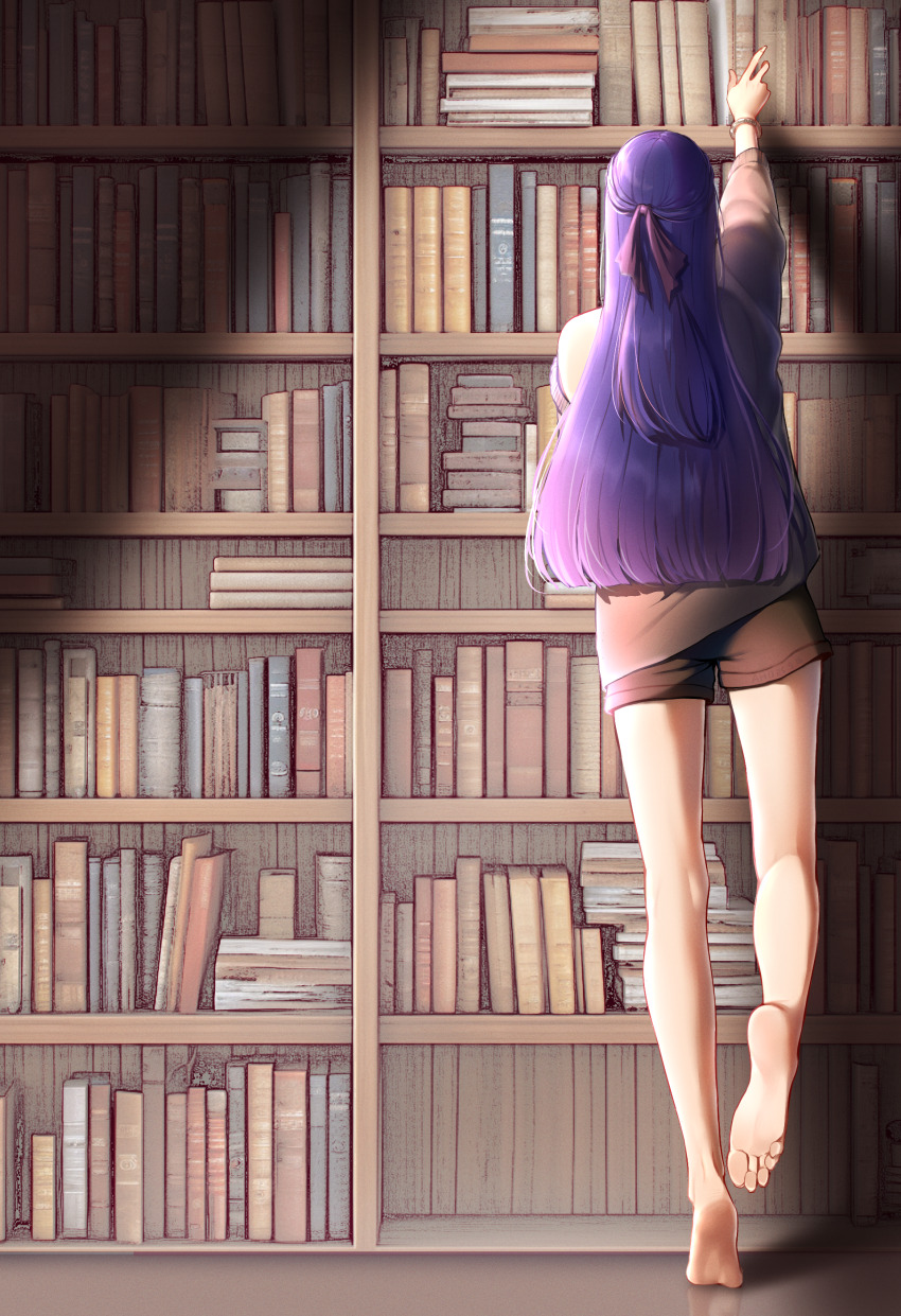 1girl absurdres bare_legs barefoot book bookshelf bracelet hair_ribbon highres honkai_(series) honkai_impact_3rd jewelry long_hair purple_hair raiden_mei raiden_mei_(apho) ribbon shorts soles solo thighs yihaoyayi