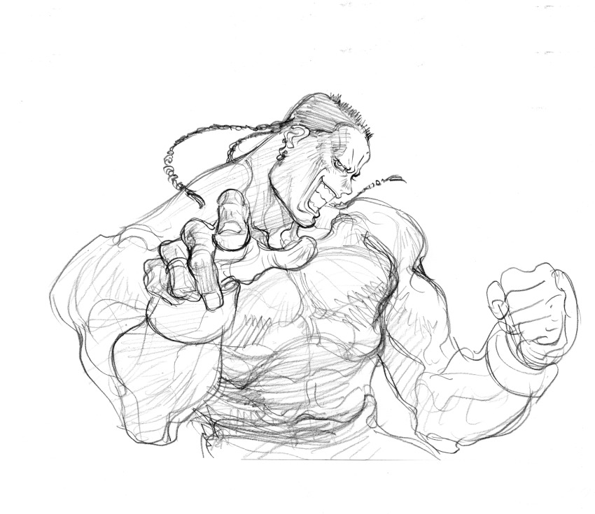 1boy clenched_hand dee_jay earrings fingerless_gloves game_cg gloves grin head_tilt highres jewelry looking_at_viewer male_focus mma_gloves monochrome muscular muscular_male nishimura_kinu non-web_source official_art pointing pointing_at_viewer short_hair smile solo street_fighter street_fighter_ii_(series)