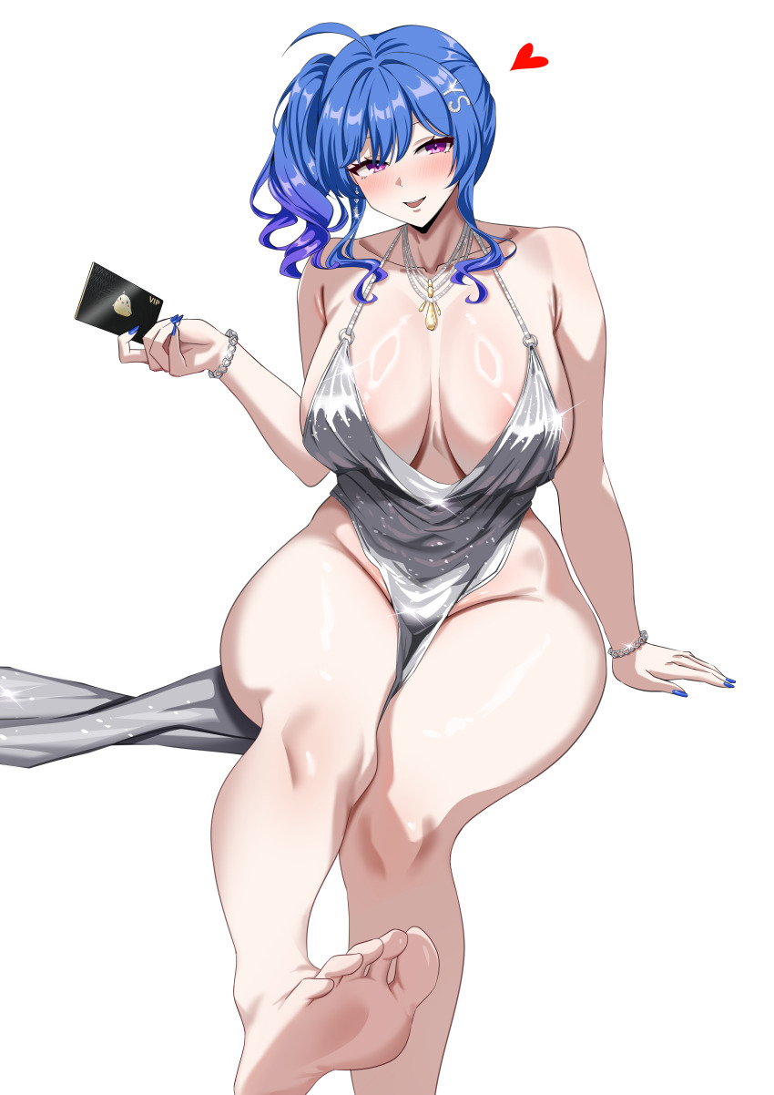 1girl absurdres ahoge areola_slip azur_lane bare_legs bare_shoulders barefoot blue_hair blue_nails blush bracelet breasts collarbone commentary dress earrings feet foot_focus foot_up foreshortening glitter_dress hair_between_eyes hair_ornament halter_dress halterneck hci+ heart highres holding jewelry large_breasts long_hair looking_at_viewer nail_polish necklace official_alternate_costume pelvic_curtain plunging_neckline presenting_foot purple_eyes revealing_clothes side_ponytail sidelocks silver_dress simple_background sitting smile soles solo st._louis_(azur_lane) st._louis_(luxurious_wheels)_(azur_lane) thick_thighs thighs toes white_background