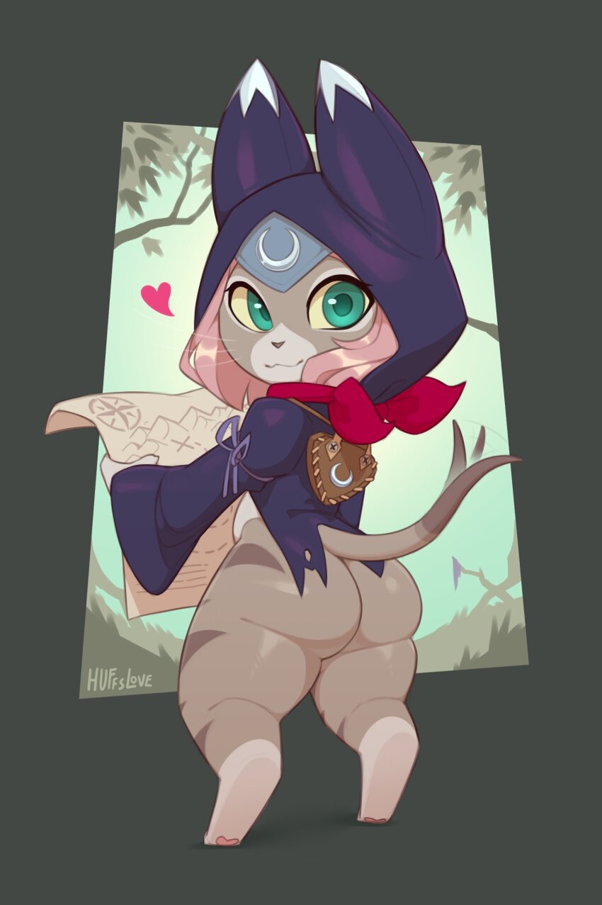 1girl animal_ears ass black_cloak brown_fur cat_ears cat_girl cat_tail cloak from_behind furry furry_female green_eyes highres hood hooded_cloak huffslove map monster_hunter_(series) solo tail thick_thighs thighs tsukino_(monster_hunter) wide_hips