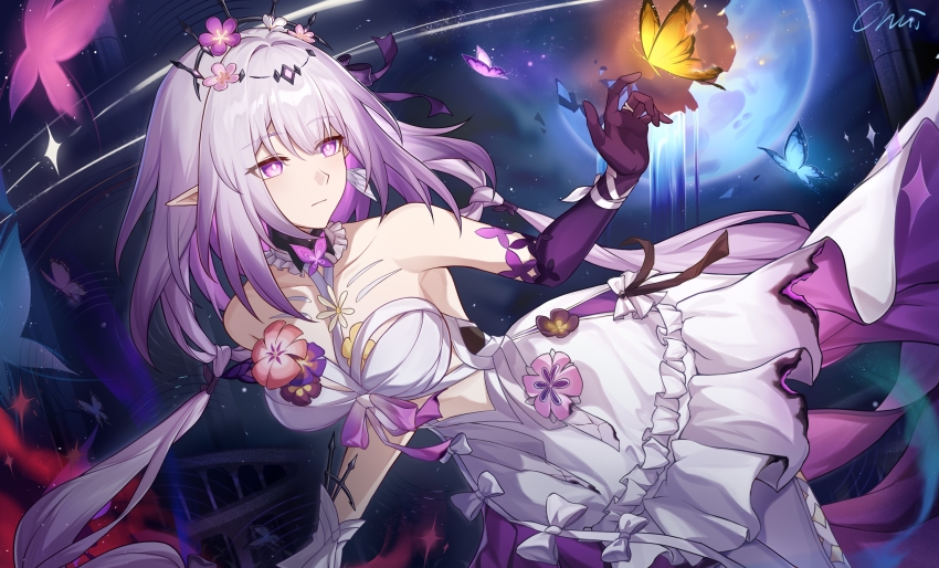 1girl absurdres artist_name black_tiara breasts bug butterfly castorice_(honkai:_star_rail) chinese_commentary chuideng closed_mouth commentary_request dress flower flower_ornament full_moon gloves hair_flower hair_ornament highres honkai:_star_rail honkai_(series) insect long_hair medium_breasts moon night night_sky pantyhose pointy_ears purple_eyes purple_gloves purple_hair sky solo tiara white_dress white_pantyhose