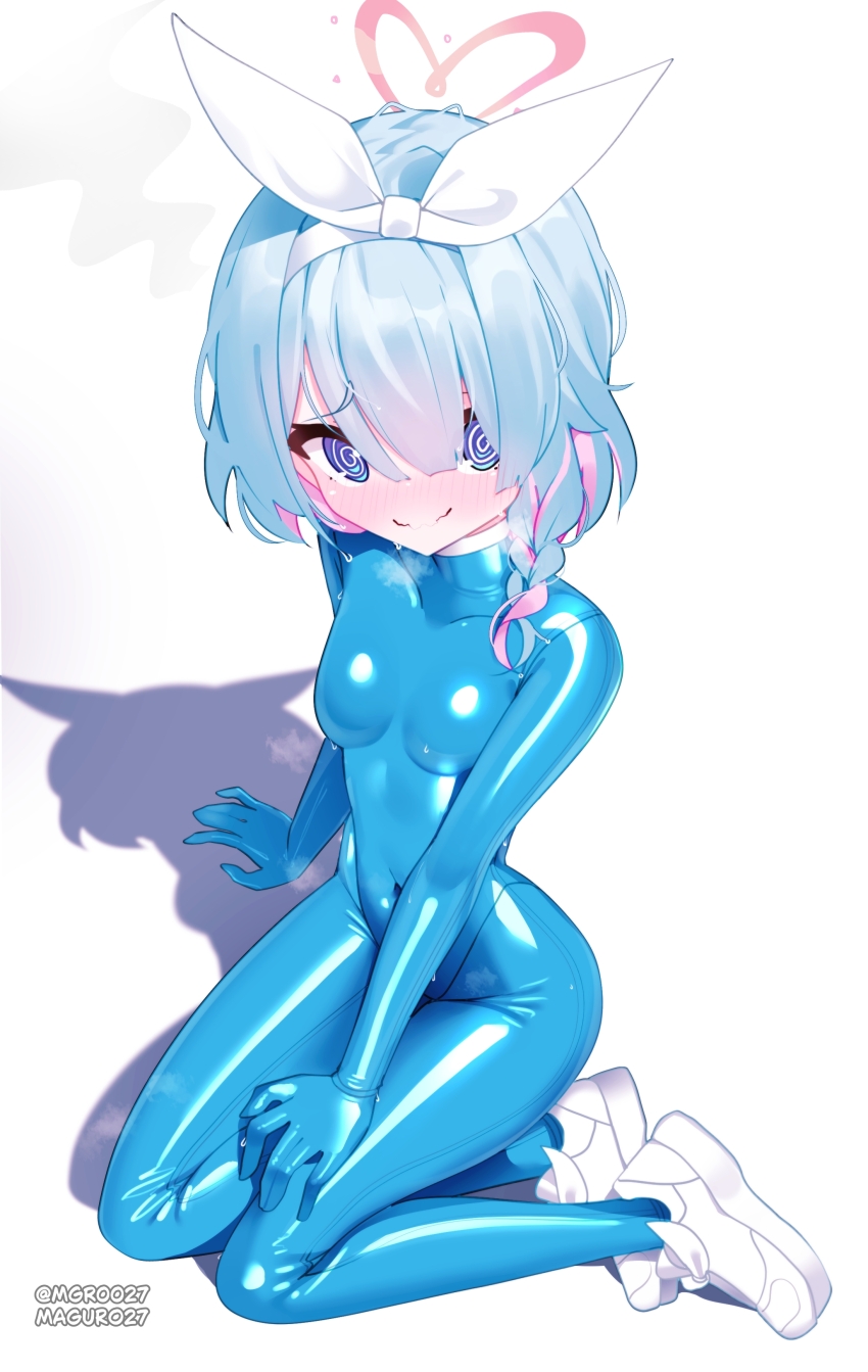 @_@ arona_(blue_archive) blue_archive blue_eyes blue_hair blush bodysuit bow_hairband hairband latex latex_bodysuit maguro27 shoes sneakers