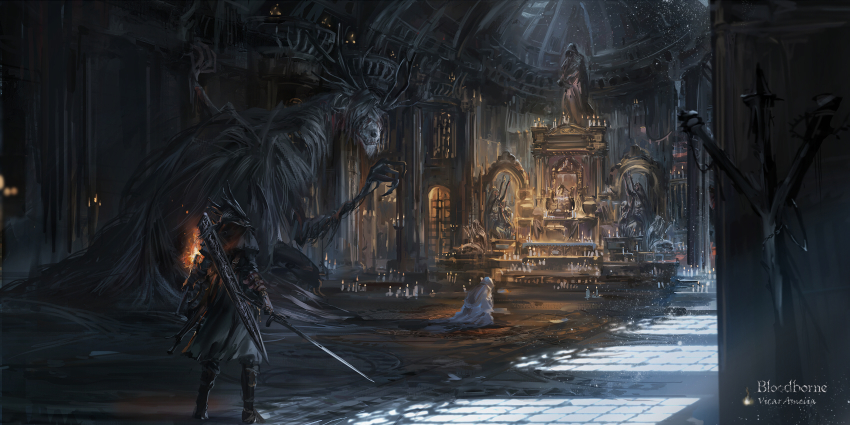 altar bloodborne boots brown_gloves cathedral character_name copyright_name gloves highres holding holding_sword holding_weapon horns hunter_(bloodborne) indoors kneeling monster praying stu_dts sword torch vicar_amelia weapon