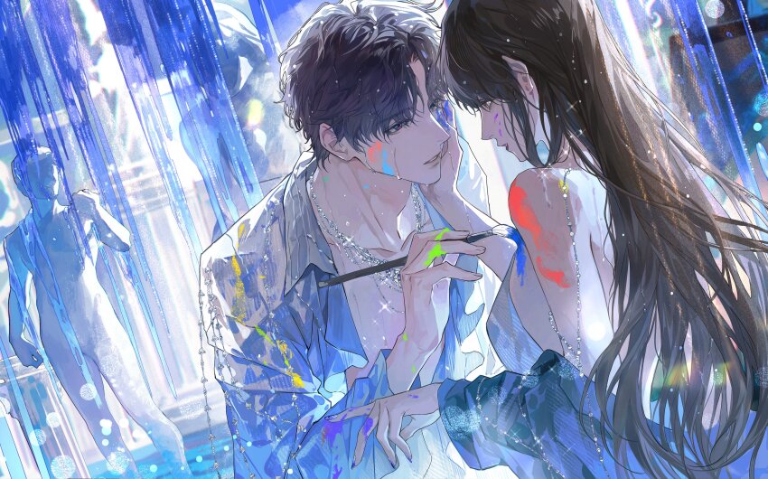 1boy 1girl absurdres backless_dress backless_outfit black_coat black_hair blue_eyes brown_eyes brown_hair chinese_commentary coat collarbone collared_shirt commentary_request david_(michelangelo) dress eye_contact fingernails glint hand_on_another&#039;s_cheek hand_on_another&#039;s_face hetero highres jewelry lipstick long_fingernails long_hair long_sleeves looking_at_another looking_at_viewer love_and_deepspace makeup marble_(stone) marble_sculpture multicolored_eyes necklace off_shoulder open_clothes open_shirt paint_on_body paint_splatter paint_splatter_on_face paintbrush painting_(action) parted_lips pillar protagonist_(love_and_deepspace) purple_nails rafayel_(love_and_deepspace) red_lips shirt short_hair statue strapless strapless_dress wet white_dress white_shirt wing_collar xiandao1213