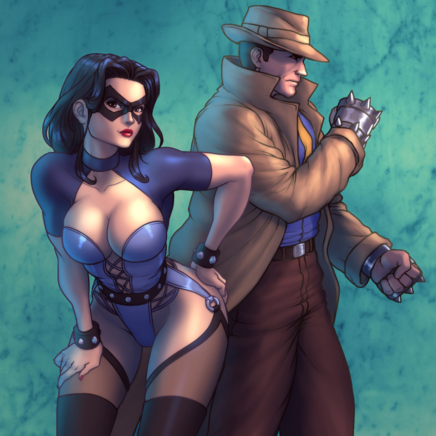 1boy 1girl black_hair blue_background breasts brown_coat brown_hat brown_pants cleavage cleavage_cutout clothing_cutout coat domino_mask eternal_champions hand_on_own_hip hand_on_own_leg hat highres jiggeh larcen_tyler leotard lipstick makeup mask medium_breasts medium_hair o-ring pants red_nails shadow_yamoto spiked_knuckles standing studded_wristband thighhighs
