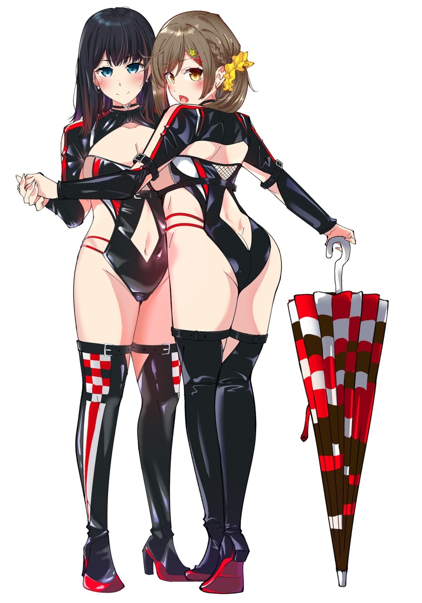 2girls ass ass_cutout black_choker black_leotard black_thighhighs blue_eyes boots breasts brown_eyes brown_hair butt_crack choker clothing_cutout dead_or_alive dead_or_alive_xtreme hair_ornament hairclip highleg highleg_leotard highres holding holding_umbrella leotard long_hair long_sleeves looking_at_viewer misaki_(doa) multiple_girls nanami_(doa) race_queen scrunchie shrug_(clothing) side_ponytail smile star_(symbol) star_hair_ornament thigh_boots thighhighs umbrella yungel