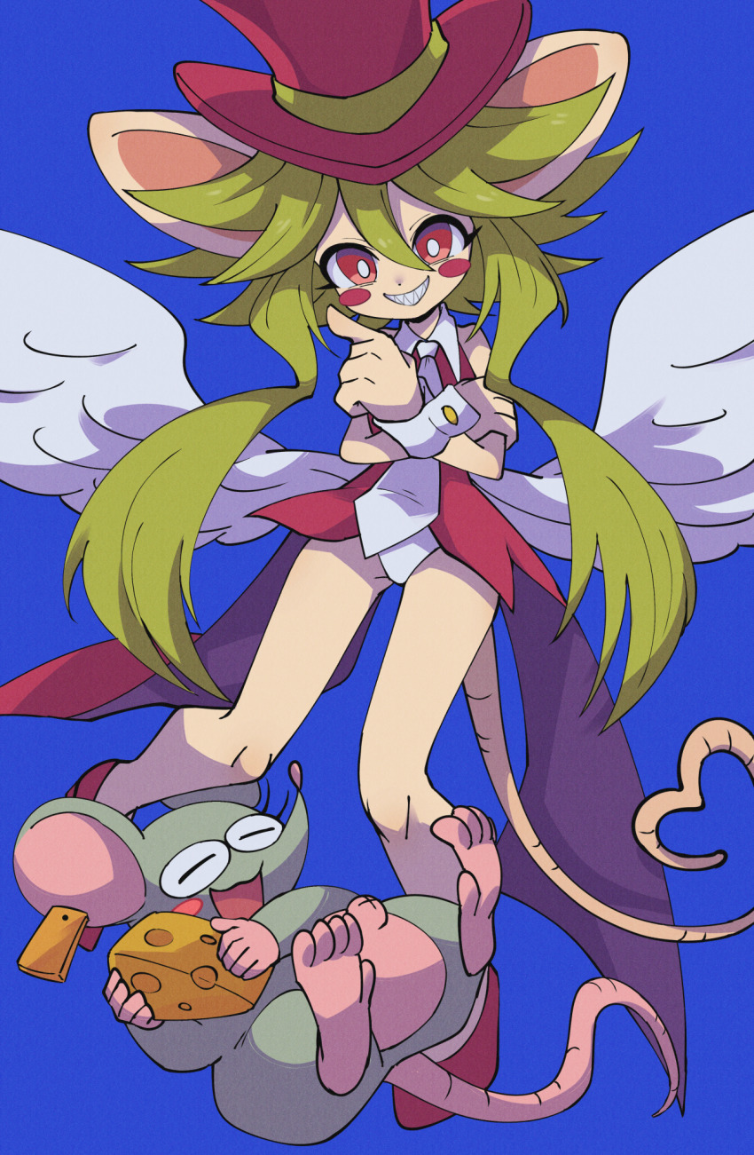 1girl animal_ears blush_stickers breasts cheese ear_tag fangs food green_hair hat highres leotard mad_rat_dead mob_rat_(mad_rat_dead) mouse_(animal) mouse_ears mouse_girl mouse_tail nippon_ichi rat_god red_eyes tail tie_clip top_hat wings wrist_cuffs
